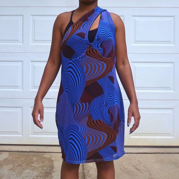 PrettyLittleThing Abstract Swirl Mesh One Shoulder Mini Dress NWT Sz 16 - Picture 15 of 15